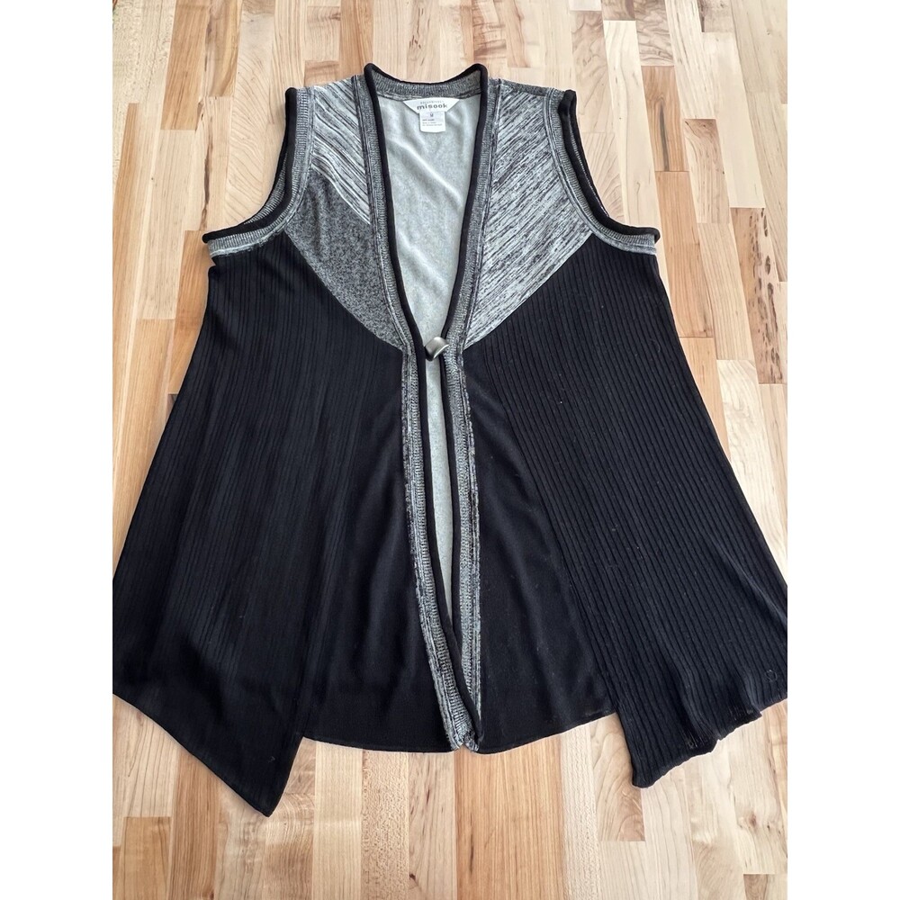 Exclusively Misook Duster Vest Sleeveless Cardigan Black Gray Accent Button M